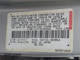 2003 Toyota ECHO with VIN JTDBT123730308946, listed as a IAAI auction lot 42653925 with 256,186 mi miles and . Bid and sale history available at DreamBid. Image 9.