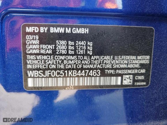 2019 BMW M5 Competition with VIN WBSJF0C51KB447463, listed as a Copart auction lot 50794225 with 80,009 mi miles and Salvage Title. Bid and sale history available at carsss.com. Image 12.