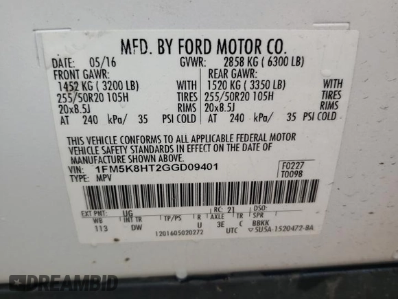 2016 Ford Explorer Platinum with VIN 1FM5K8HT2GGD09401, listed as a Copart auction lot 49823085 with 170,361 mi miles and Salvage Title. Bid and sale history available at DreamBid. Image 15.