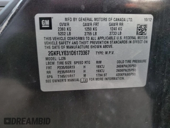 2013 GMC Terrain Denali with VIN 2GKFLYE31D6173367, listed as a Copart auction lot 83388524 with 145,296 mi miles and Salvage Title. Bid and sale history available at DreamBid. Image 14.