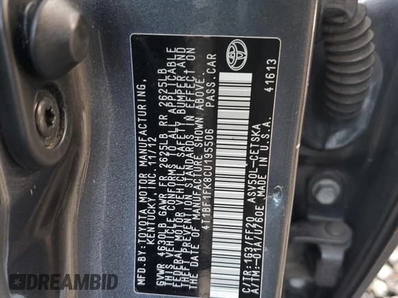 2012 Toyota Camry L with VIN 4T1BF1FK8CU195506, listed as a Copart auction lot 45408825 with 202,846 mi miles and Salvage Title. Bid and sale history available at carsss.com. Image 12.