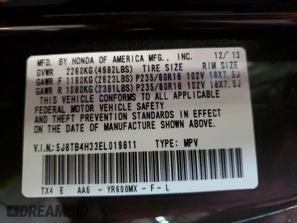 2014 Acura RDX with VIN 5J8TB4H33EL019811, listed as a Copart auction lot 53241655 with 84,445 mi miles and Salvage Title. Bid and sale history available at DreamBid. Image 15.