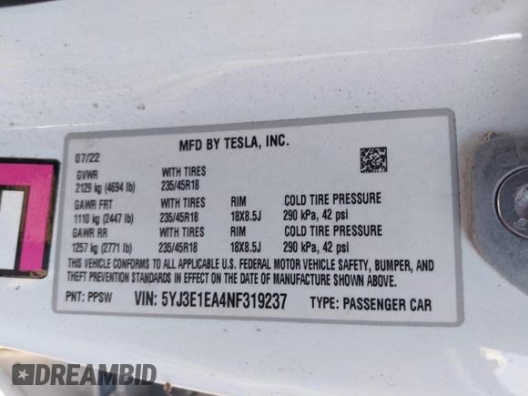 2022 Tesla Model 3 with VIN 5YJ3E1EA4NF319237, listed as a IAAI auction lot 41263761 with 44,384 mi miles and . Bid and sale history available at DreamBid. Image 9.