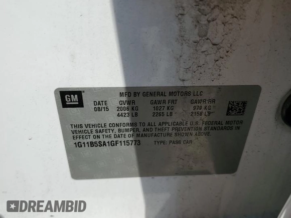 2016 Chevrolet Malibu LS with VIN 1G11B5SA1GF115773, listed as a Copart auction lot 72388434 with 89,450 mi miles and Salvage Title. Bid and sale history available at DreamBid. Image 14.