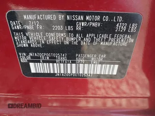 2012 Nissan LEAF SL with VIN JN1AZ0CP0CT025747, listed as a IAAI auction lot 42021121 with 50,344 mi miles. Bid and sale history available at carsss.com. Image 9.