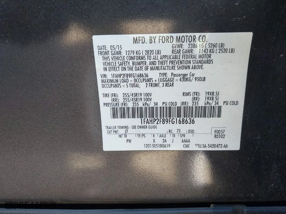 2015 Ford Taurus Limited with VIN 1FAHP2F89FG168636, listed as a IAAI auction lot 41729615 with 126,605 mi miles. Bid and sale history available at carsss.com. Image 9.