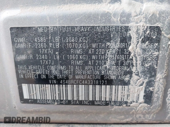 2010 Subaru Outback с VIN 4S4BRCFC4A3318121, выставлен на аукционе IAAI как лот 41934475 с пробегом 265 378 миль миль и . История ставок и продаж доступна на DreamBid. Изображение 9.
