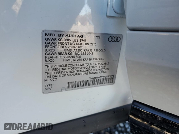 2023 Audi SQ5 Premium Plus with VIN WA1B4AFY7P2183874, listed as a Copart auction lot 78797903 with 3,191 mi miles and . Bid and sale history available at DreamBid. Image 14.