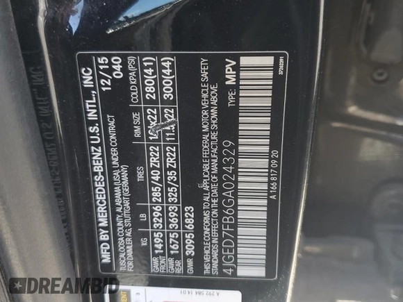 2016 Mercedes-Benz GLE 63 S AMG with VIN 4JGED7FB6GA024329, listed as a Copart auction lot 62430945 with 85,135 mi miles and Clean title. Bid and sale history available at DreamBid. Image 14.