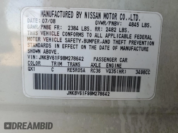 2008 Infiniti G35 x with VIN JNKBV61F98M278642, listed as a Copart auction lot 75118144 with Not Provided miles and Salvage Title. Bid and sale history available at DreamBid. Image 13.