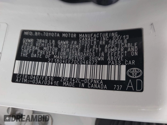 2013 Toyota Corolla L with VIN 2T1BU4EE7DC046672, listed as a IAAI auction lot 42142984 with 144,762 mi miles. Bid and sale history available at carsss.com. Image 9.