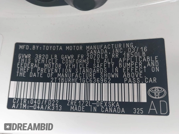 2016 Toyota Corolla L with VIN 2T1BURHE1GC636962, listed as a IAAI auction lot 42641272 with 130,064 mi miles and . Bid and sale history available at DreamBid. Image 9.