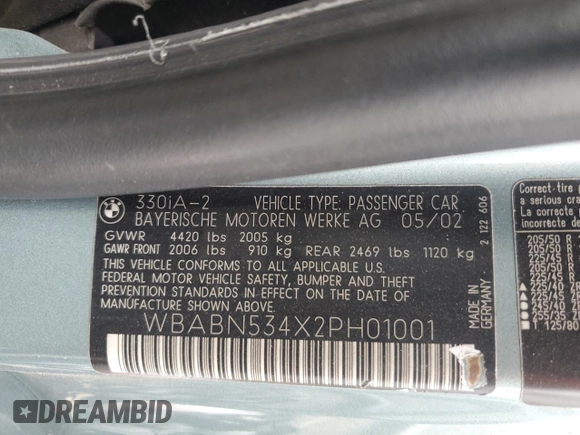 2002 BMW 3 Series 330Ci with VIN WBABN534X2PH01001, listed as a Copart auction lot 75676414 with Not Provided miles and Salvage Title. Bid and sale history available at DreamBid. Image 12.