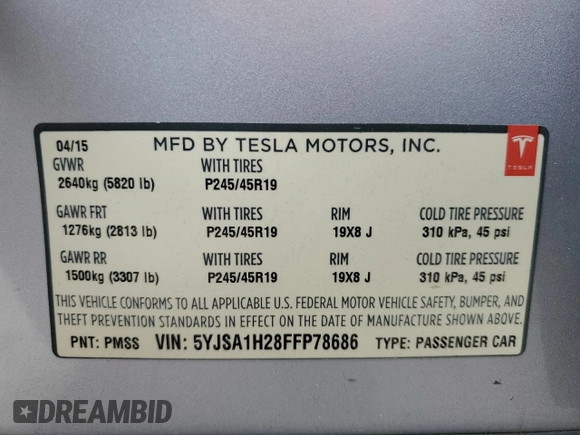 2015 Tesla Model S 85D with VIN 5YJSA1H28FFP78686, listed as a Copart auction lot 53310595 with 69,682 mi miles and Salvage Title. Bid and sale history available at carsss.com. Image 14.