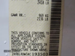 2019 Nissan Altima SV z VIN 1N4BL4DW5KC193503, wystawiony jako Copart lot #58120855 z przebiegiem 105 037 mil mil oraz Szkoda całkowita • Salvage title. Historia ofert i sprzedaży dostępna na DreamBid. Obrazek 12.