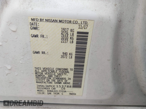2018 Nissan Altima SR with VIN 1N4AL3APXJC153788, listed as a IAAI auction lot 41207298 with 160,194 mi miles and . Bid and sale history available at DreamBid. Image 9.