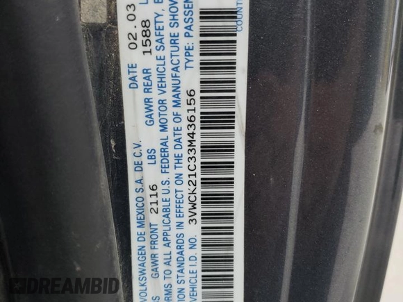 2003 Volkswagen New Beetle Coupe GLS with VIN 3VWCK21C33M436156, listed as a Copart auction lot 52589765 with 129,244 mi miles and Salvage Title. Bid and sale history available at carsss.com. Image 14.