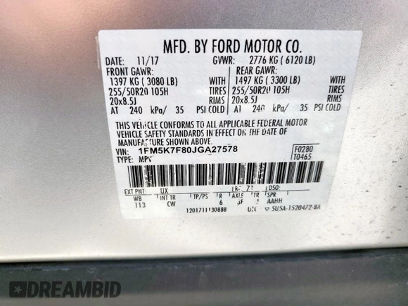 2018 Ford Explorer Limited с VIN 1FM5K7F80JGA27578, выставлен на аукционе Copart как лот 59035245 с пробегом 96 267 миль миль и Списание • Salvage title. История ставок и продаж доступна на DreamBid. Изображение 14.