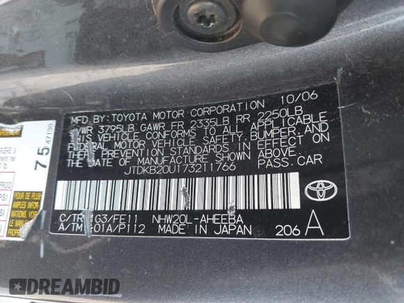 2007 Toyota Prius with VIN JTDKB20U173211766, listed as a IAAI auction lot 41914630 with Not Provided miles and . Bid and sale history available at DreamBid. Image 9.
