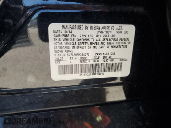 2015 Infiniti Q50 Premium with VIN JN1BV7AR9FM394070, listed as a Copart auction lot 57358335 with 71,982 mi miles and Salvage title. Bid and sale history available at DreamBid. Image 12.