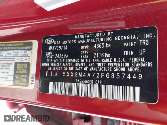 2015 Kia Optima LX with VIN 5XXGM4A72FG357449, listed as a IAAI auction lot 42079075 with 136,042 mi miles. Bid and sale history available at carsss.com. Image 9.