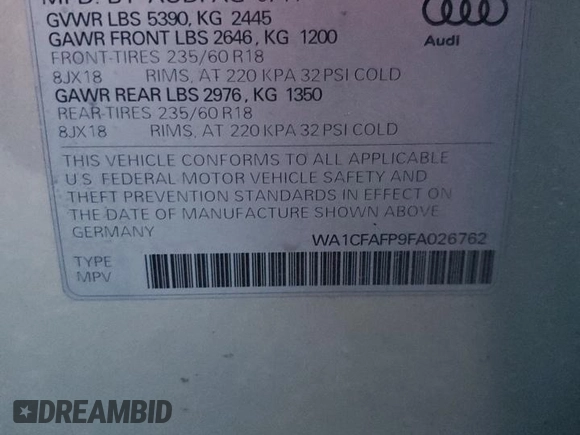 2015 Audi Q5 Premium with VIN WA1CFAFP9FA026762, listed as a Copart auction lot 85330814 with 91,146 mi miles and Salvage Title. Bid and sale history available at carsss.com. Image 13.