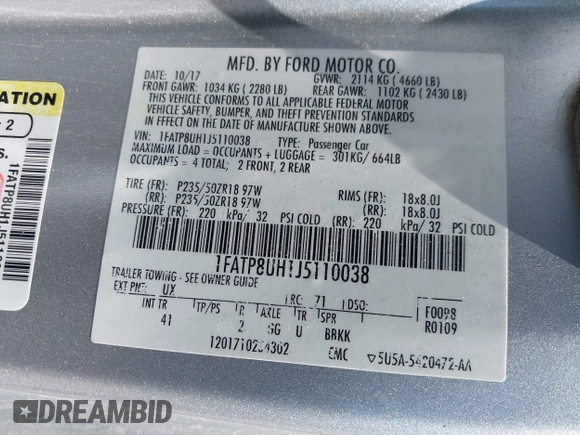 2018 Ford Mustang EcoBoost Premium с VIN 1FATP8UH1J5110038, выставлен на аукционе IAAI как лот 41978639 с пробегом 63 912 миль миль и . История ставок и продаж доступна на DreamBid. Изображение 9.