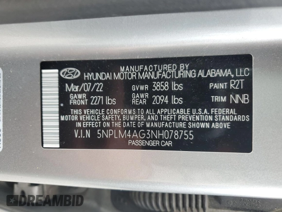 2022 Hyundai Elantra SEL with VIN 5NPLM4AG3NH078755, listed as a Copart auction lot 51120245 with 54,948 mi miles and Salvage Title. Bid and sale history available at DreamBid. Image 13.
