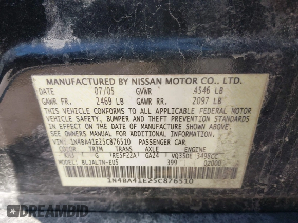 2005 Nissan Maxima SE с VIN 1N4BA41E25C876510, выставлен на аукционе IAAI как лот 41566408 с пробегом 193 800 миль миль и . История ставок и продаж доступна на DreamBid. Изображение 9.