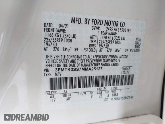 2021 Ford Mustang Mach-E Premium with VIN 3FMTK3SS7MMA25127, listed as a IAAI auction lot 42550023 with 40,590 mi miles and . Bid and sale history available at DreamBid. Image 9.