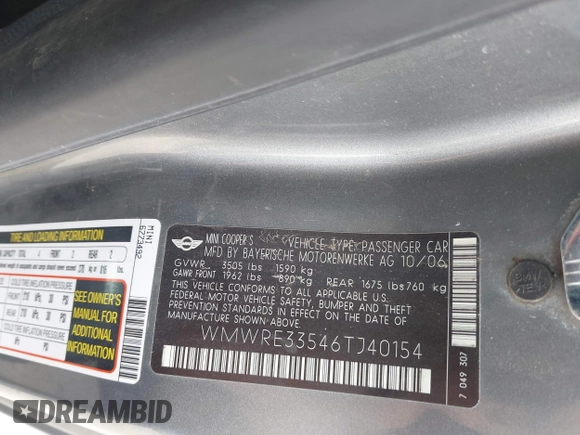 2006 MINI Hardtop S with VIN WMWRE33546TJ40154, listed as a IAAI auction lot 41924257 with 109,158 mi miles and . Bid and sale history available at DreamBid. Image 9.
