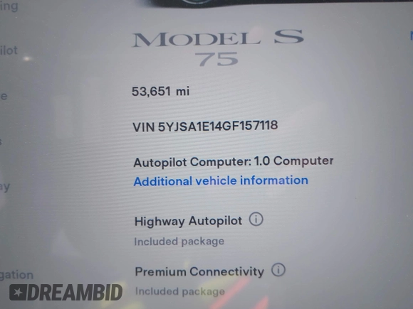 2016 Tesla Model S 70 with VIN 5YJSA1E14GF157118, listed as a IAAI auction lot 41794381 with 53,651 mi miles and . Bid and sale history available at DreamBid. Image 16.