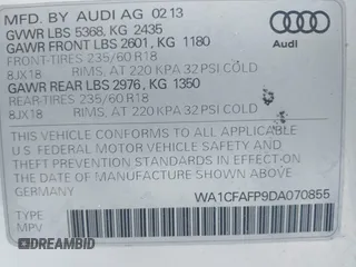 2013 Audi Q5 Premium z VIN WA1CFAFP9DA070855, wystawiony jako IAAI lot #42721197 z przebiegiem 112 468 mil mil oraz . Historia ofert i sprzedaży dostępna na DreamBid. Obrazek 9.