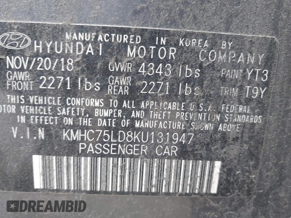 2019 Hyundai Ioniq Limited with VIN KMHC75LD8KU131947, listed as a IAAI auction lot 41930815 with 108,451 mi miles and . Bid and sale history available at DreamBid. Image 9.