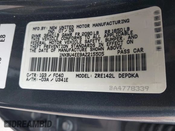 2010 Toyota Corolla with VIN 1NXBU4EE9AZ215505, listed as a IAAI auction lot 41957182 with 143,566 mi miles. Bid and sale history available at carsss.com. Image 9.