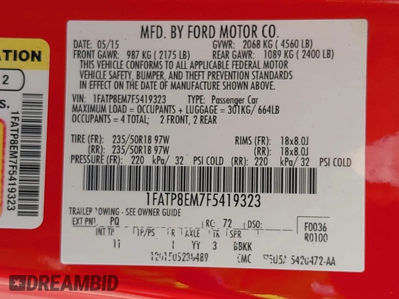 2015 Ford Mustang V6 with VIN 1FATP8EM7F5419323, listed as a IAAI auction lot 42553156 with 93,388 mi miles and . Bid and sale history available at DreamBid. Image 9.