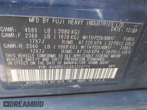 2010 Subaru Outback Limited Power Moon с VIN 4S4BRCLC0A3350214, выставлен на аукционе IAAI как лот 41740534 с пробегом 244 341 миль миль и . История ставок и продаж доступна на DreamBid. Изображение 9.