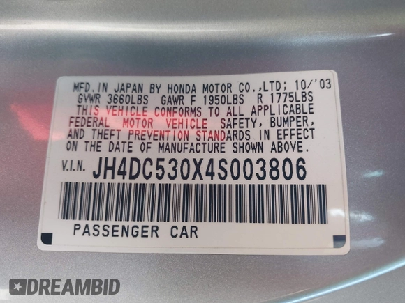 2004 Acura RSX Type S with VIN JH4DC530X4S003806, listed as a IAAI auction lot 40432948 with 211,334 mi miles and . Bid and sale history available at DreamBid. Image 9.