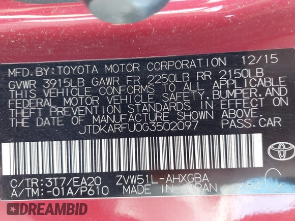2016 Toyota Prius Four z VIN JTDKARFU0G3502097, wystawiony jako IAAI lot #42053915 z przebiegiem 102 252 mil mil oraz . Historia ofert i sprzedaży dostępna na DreamBid. Obrazek 9.