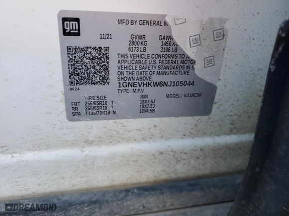 2022 Chevrolet Traverse LT Leather with VIN 1GNEVHKW6NJ105044, listed as a Copart auction lot 86895754 with 0 mi miles and Salvage Title. Bid and sale history available at carsss.com. Image 14.