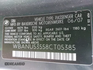 2008 BMW 5 Series 528i with VIN WBANU53558CT05385, listed as a IAAI auction lot 41589372 with 158,602 mi miles and . Bid and sale history available at DreamBid. Image 9.