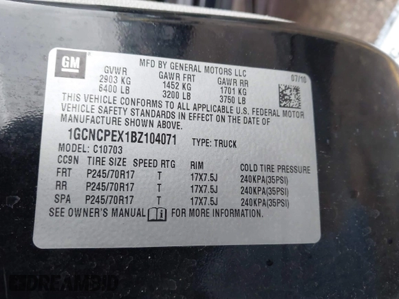 2011 Chevrolet Silverado 1500 Work Truck with VIN 1GCNCPEX1BZ104071, listed as a IAAI auction lot 41302293 with 75,060 mi miles and . Bid and sale history available at DreamBid. Image 9.
