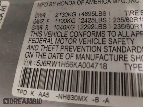 2019 Honda CR-V EX with VIN 5J6RW1H56KA004718, listed as a IAAI auction lot 41106300 with 81,420 mi miles. Bid and sale history available at carsss.com. Image 9.
