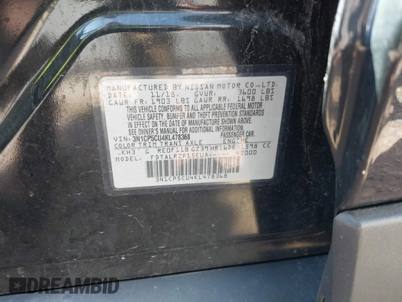 2019 Nissan Kicks SV z VIN 3N1CP5CU4KL478368, wystawiony jako IAAI lot #42018709 z przebiegiem 131 162 mil mil oraz . Historia ofert i sprzedaży dostępna na DreamBid. Obrazek 9.