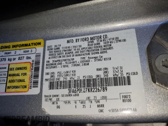 2019 Ford Fusion SE with VIN 3FA6P0LU7KR226789, listed as a Copart auction lot 48867755 with 200,260 mi miles and Clean Title. Bid and sale history available at DreamBid. Image 12.