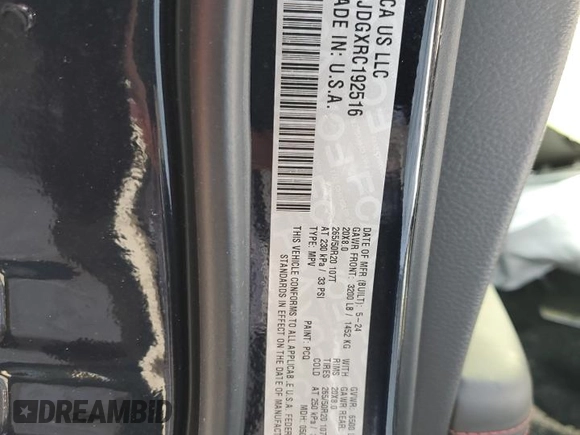 2024 Dodge Durango GT Plus with VIN 1C4RDJDGXRC192516, listed as a Copart auction lot 57292615 with Not provided miles and Non repairable. Bid and sale history available at DreamBid. Image 12.