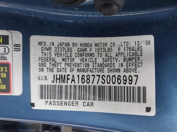 2007 Honda Civic Sdn EX with VIN JHMFA16877S006997, listed as a IAAI auction lot 41759769 with 109,554 mi miles. Bid and sale history available at carsss.com. Image 9.