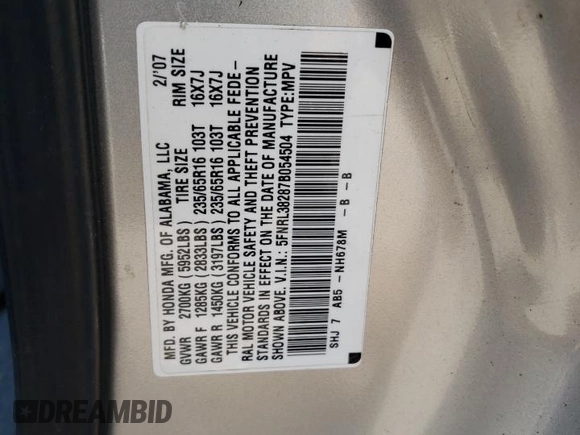 2007 Honda Odyssey LX with VIN 5FNRL38287B054504, listed as a Copart auction lot 59141665 with 128,617 mi miles and Salvage title. Bid and sale history available at DreamBid. Image 13.
