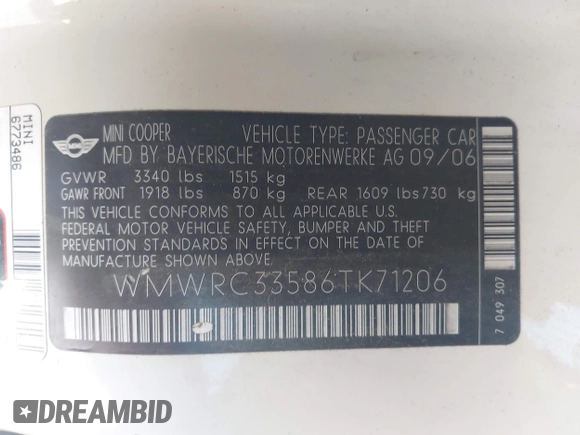 2006 MINI Hardtop с VIN WMWRC33586TK71206, выставлен на аукционе IAAI как лот 42687287 с пробегом 138 086 миль миль и . История ставок и продаж доступна на DreamBid. Изображение 9.