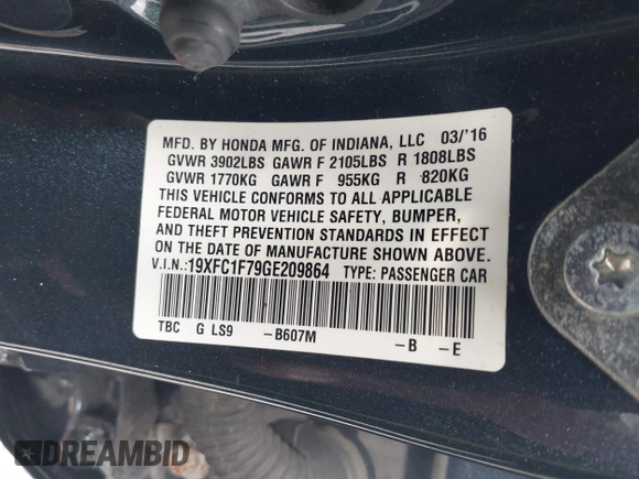 2016 Honda Civic Sedan EX-L with VIN 19XFC1F79GE209864, listed as a IAAI auction lot 40224466 with 176,897 mi miles. Bid and sale history available at carsss.com. Image 9.